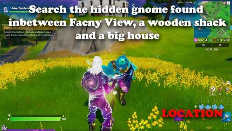 Search the hidden gnome found inbetween Fancy View, a wooden shack and a big house LOCATION