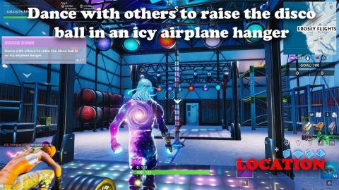 Dance with others to raise the disco ball in an icy airplane hanger LOCATION