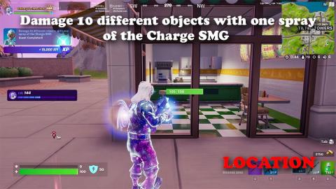 Damage 10 different objects with one spray of the Charge SMG LOCATION