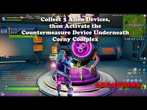 Collect 3 Alien Devices, then Activate the Countermeasure Device Underneath Corny Complex - Fortnite