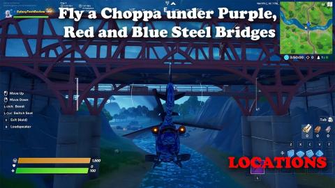 Fly a Choppa under Purple, Red and Blue Steel Bridges - LOCATIONS - Fortnite Week 8 Challenge