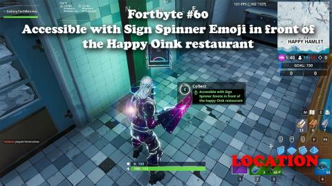 Fortbyte #60 Accessible with Sign Spinner Emoji in front of the Happy Oink restaurant LOCATION