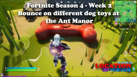 Bounce on different dog toys at the Ant Manor - Fortnite S4 - Week 2 Challenge