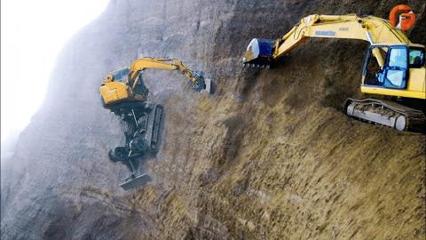 Skillful Excavator Operators are Building Roads on a Steep Mountain