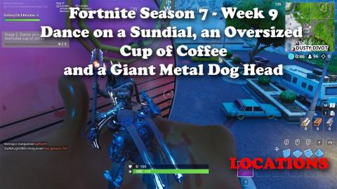 Fortnite - Dance on top of a Sundial, an Oversized Cup of Coffee and a Giant Metal Dog Head