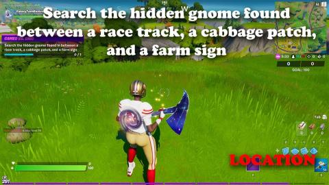 Search the hidden gnome found between a race track, a cabbage patch, and a farm sign - LOCATION