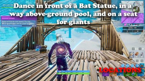 Dance in front of a Bat Statue, a way above-ground pool, and a seat for giants LOCATIONS