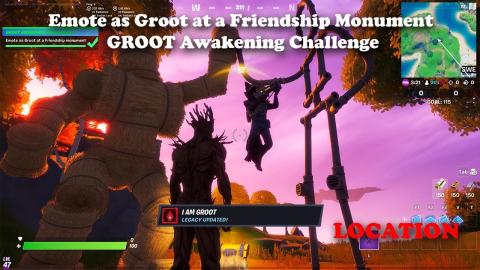 Emote as Groot at a Friendship Monument LOCATION - Fortnite GROOT Awakening Challenge