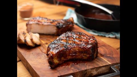Grilled Bone-In Pork Chops with Guajillo Mango BBQ Sauce Recipe | Char-Broil®